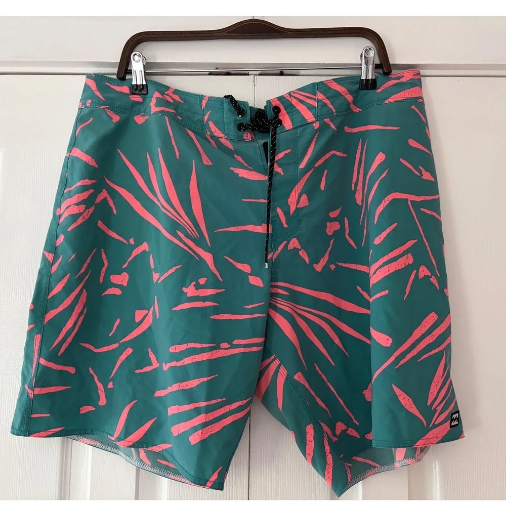 Billabong Recycler Sundays Pro Board Shorts‎ Mens 40 Teal Pink Tropical Leaf